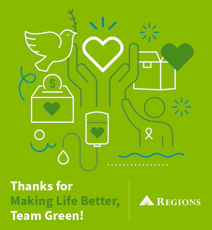 "Thanks for Making Life Better, Team Green" with icons representing different aspects of volunteering.