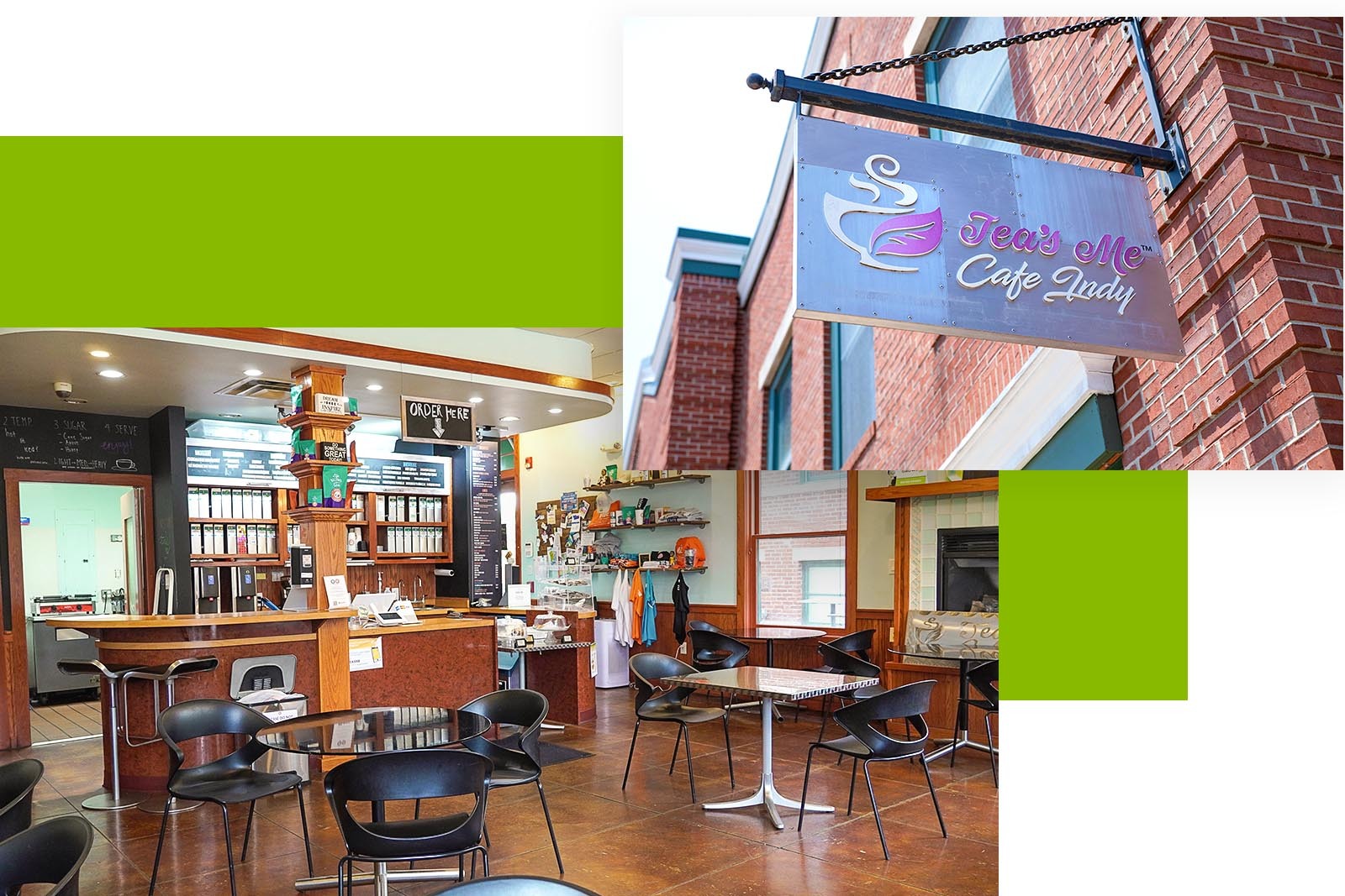 interior photo of cafe and the hanging sign on the front of the building. 