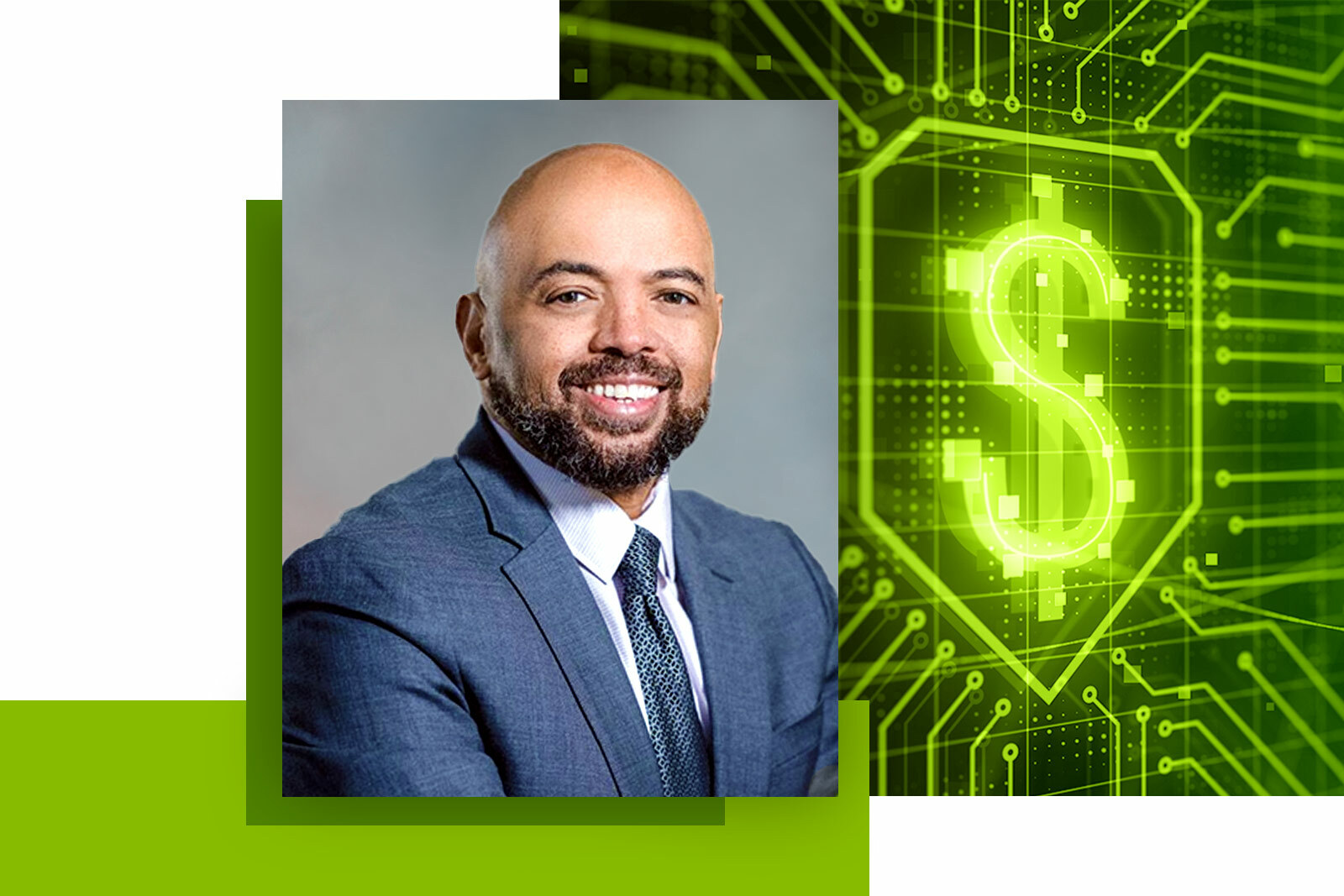 Tim Mills headshot, and an illustration of a dollar sign...