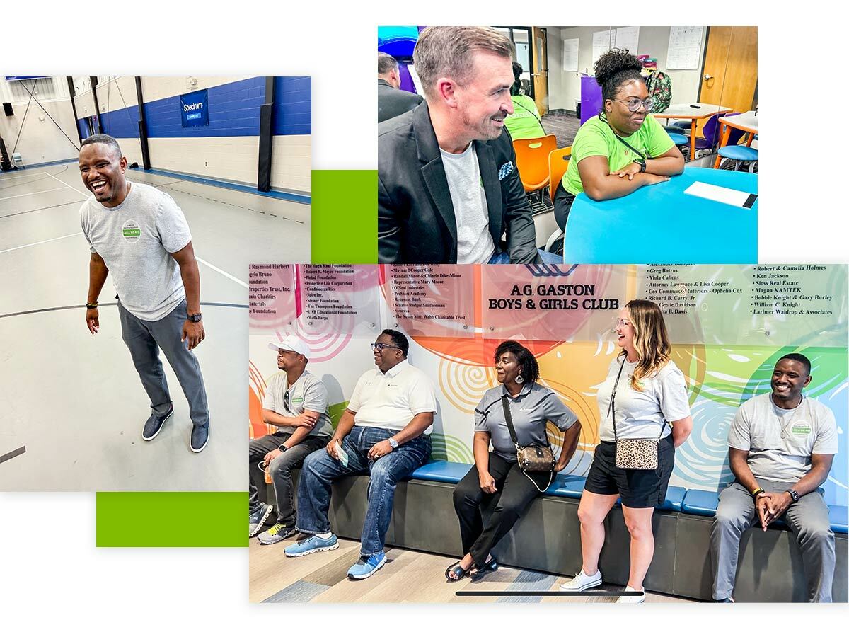 Three photos of associates volunteering at A.G. Gaston Boy’s & Girls Club