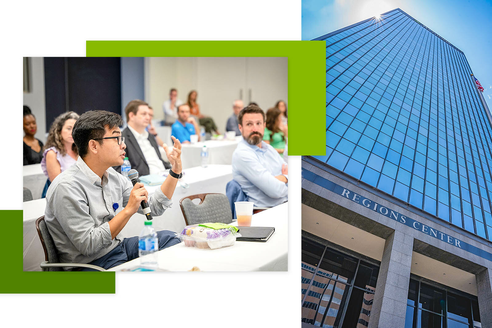 People asking questions at the event and Regions building