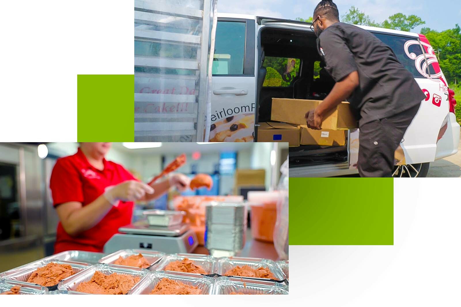 Collage - pound cares dough in baking forms and track getting loaded with ready pound cakes