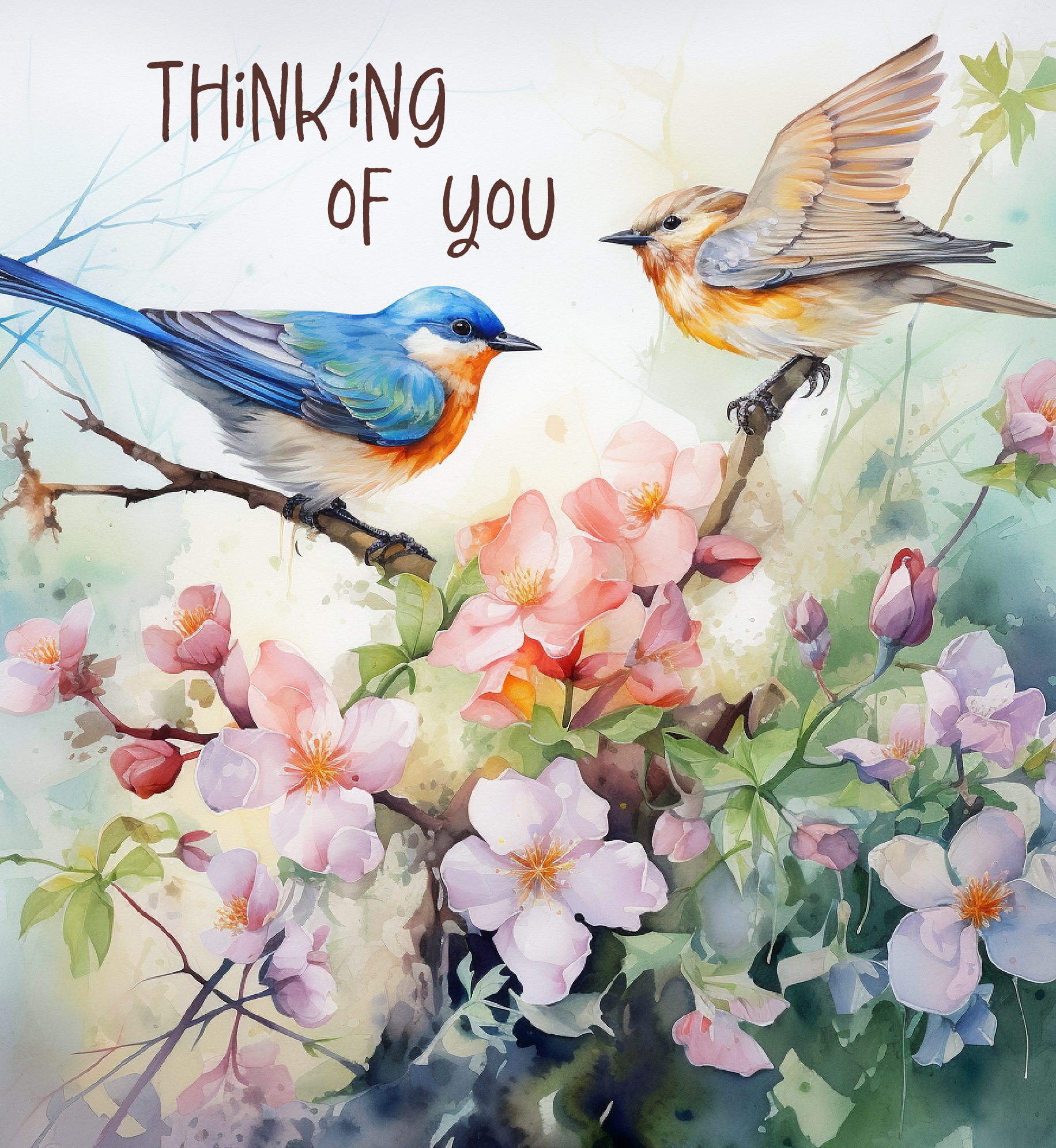 Painting like illustration of two birds sitting on branches with flowers. Text: Thinking of you.