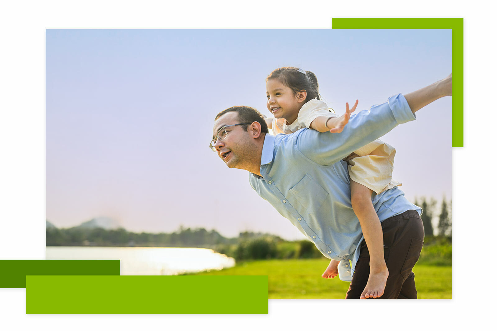 Happy parent holding his child on the back