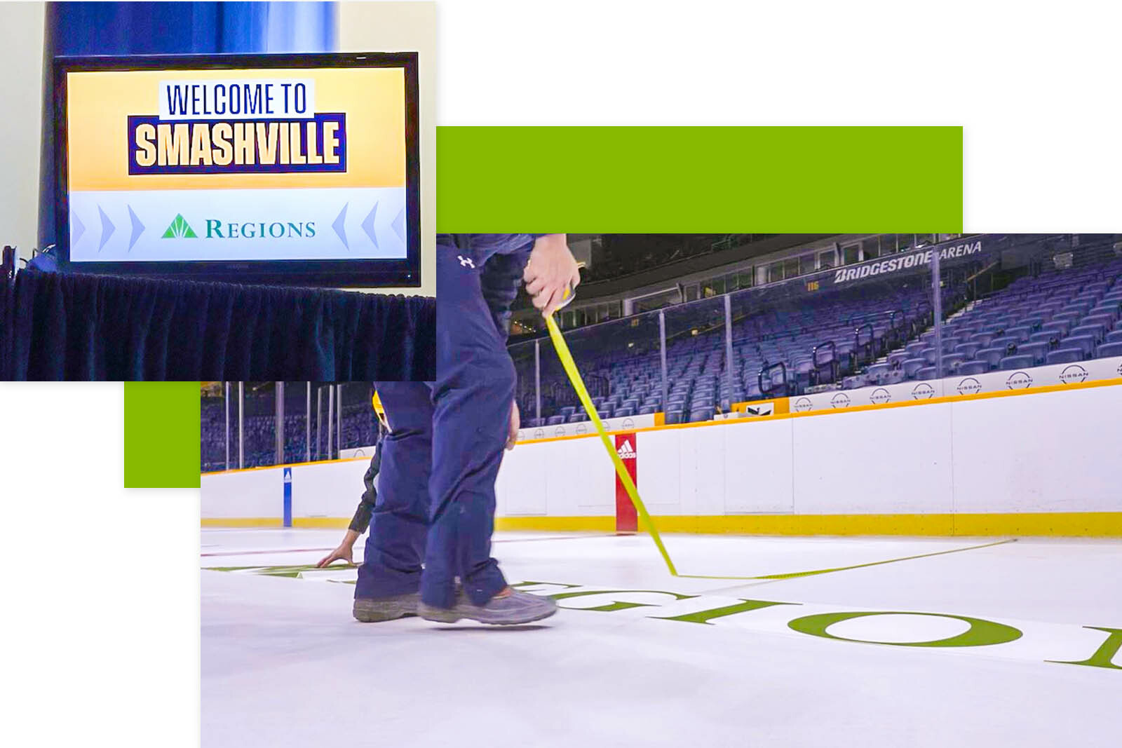 Welcome to Smashville sign and Regions logo on the ice arena