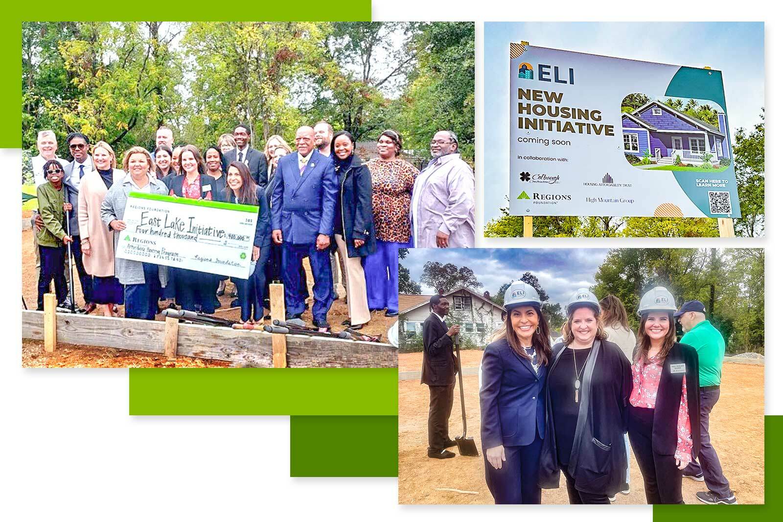 Check presentation group photo, three women in hard hats on...