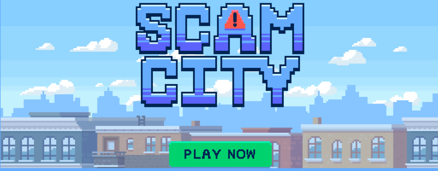 "Scam City" an illustration of a cityscape made to look like a vintage 8 bit video game. There is a play now button on the image. 