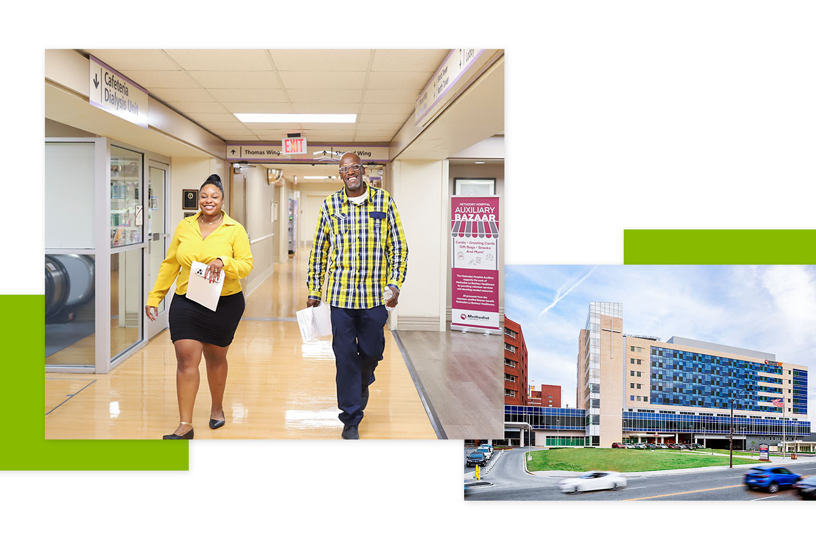 Two people walking in the corridor of the medical building
