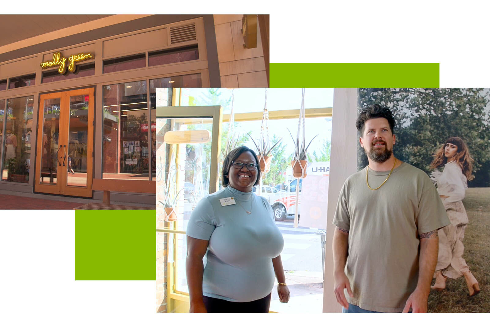 Photos of Sonya White and Brandon Hartwell and the Molly Green storefront