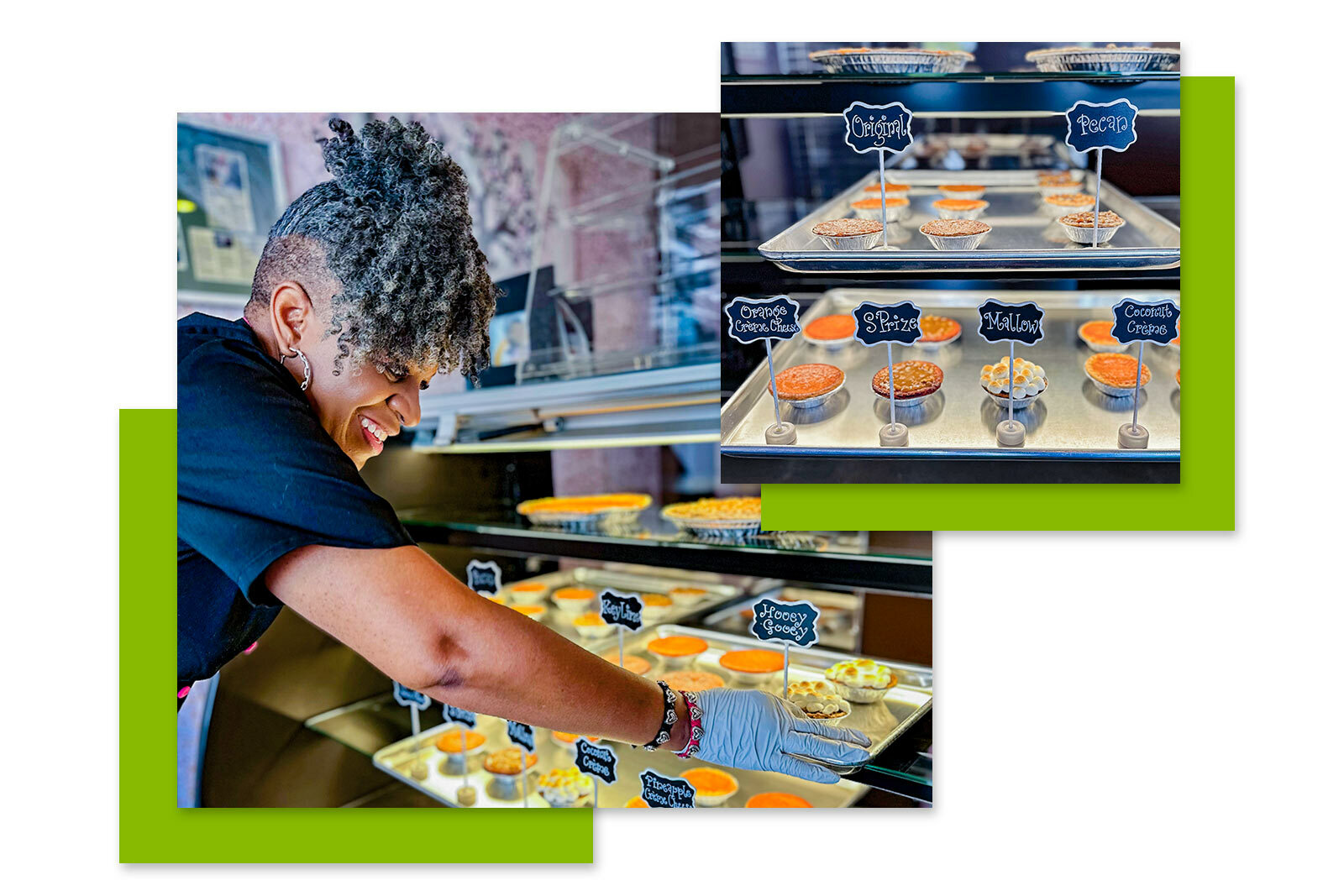 Photos of JaWanda Jackson reaching into a pie case and...