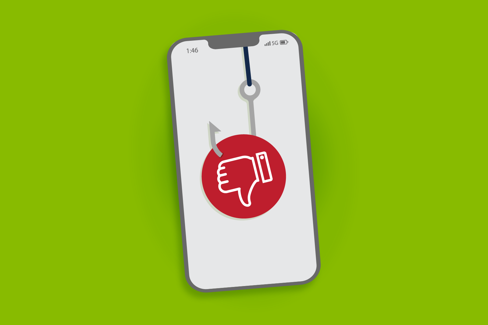 phone with fish hook and "dislike" button on screen