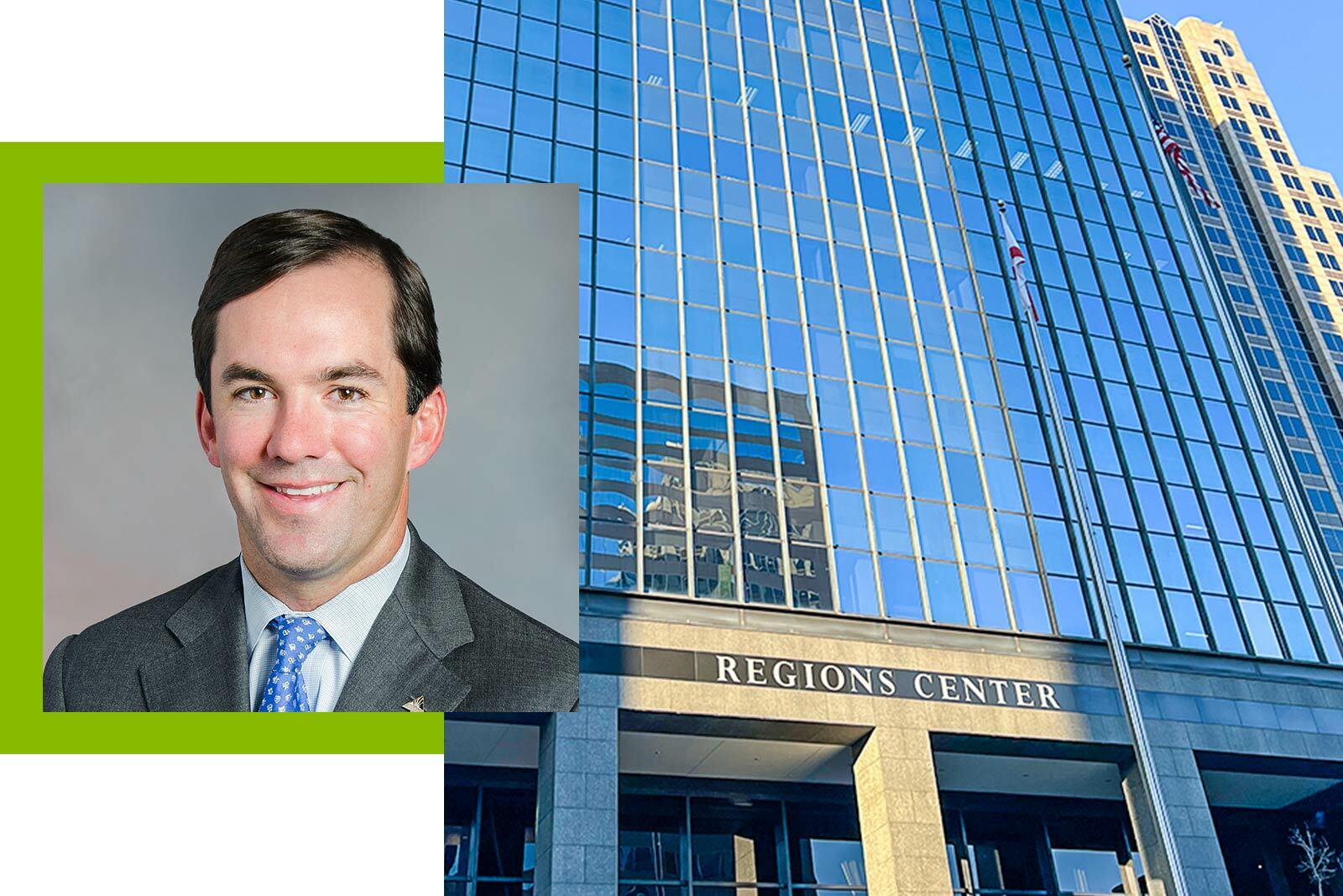 Christian White headshot and Regions Center building