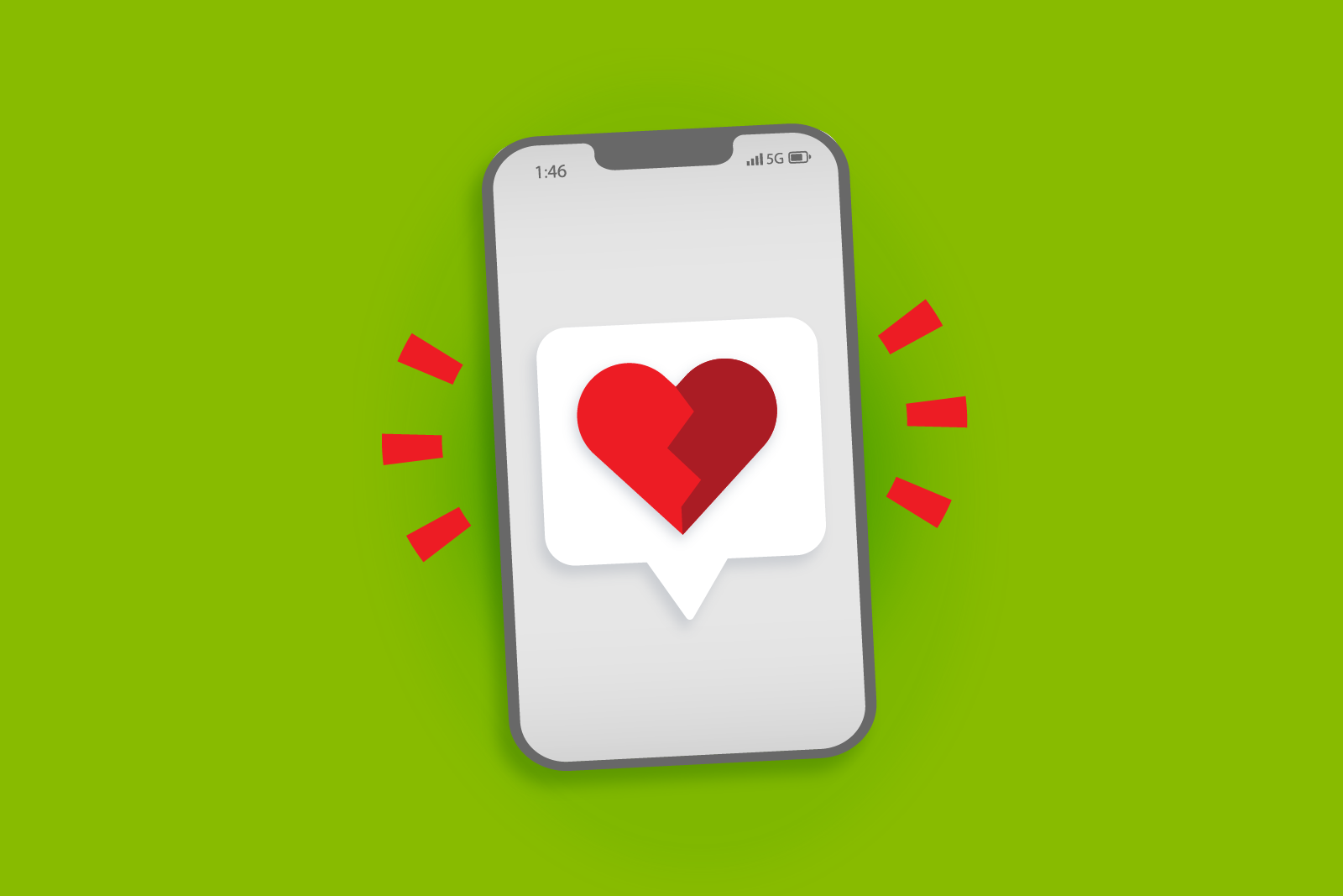 Illustration of a phone with a broken heart pop-up on...