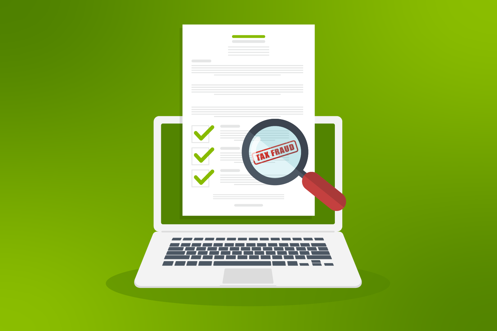 Illustration of the laptop with tax fraud document and magnifying...
