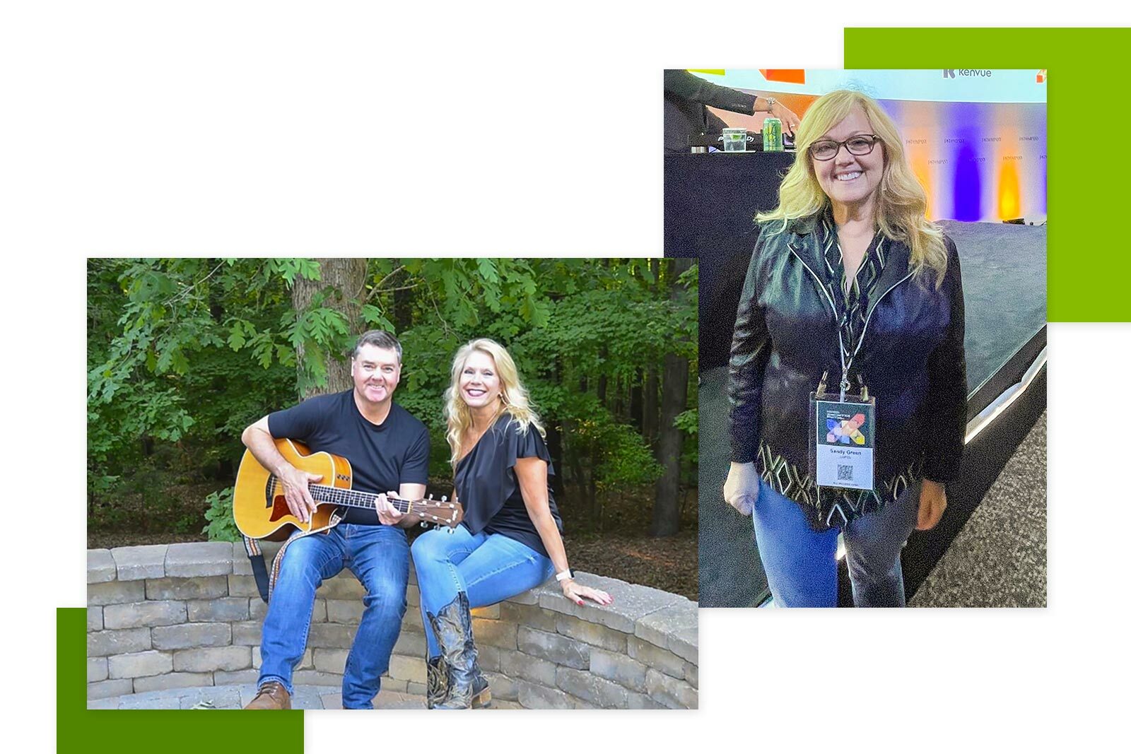 Collage - two people with the guitar, a woman standing at the event