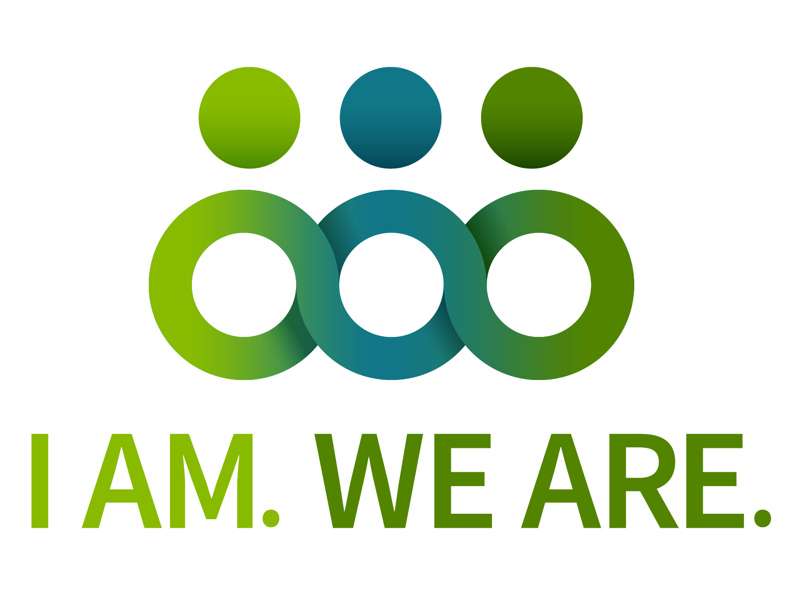"I am. We Are." logo: simplistic representation of three people connected by a three loop infinity symbol. "I AM. WE ARE" is under the icon.