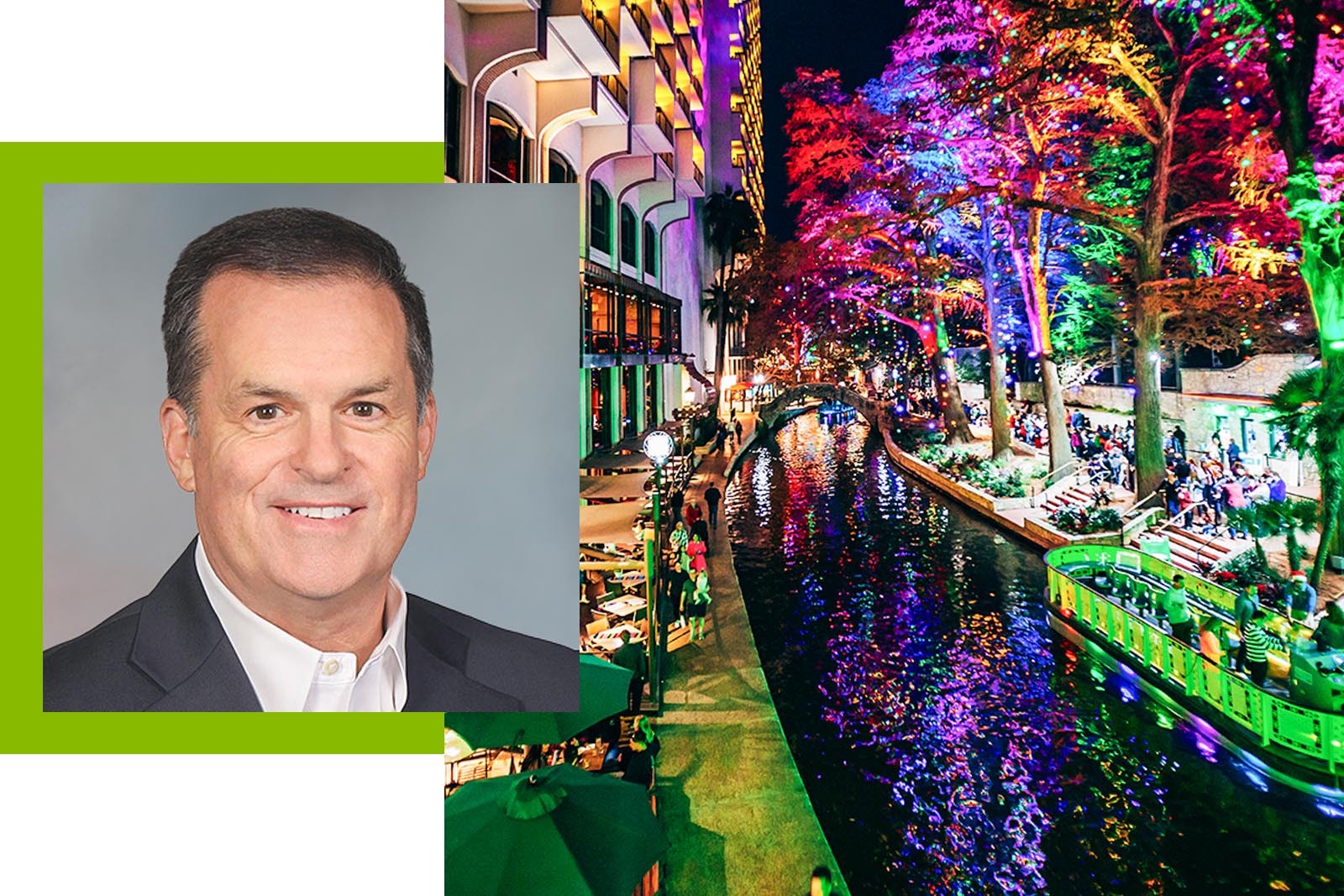 Mark Evans headshot and a street of San Antonio