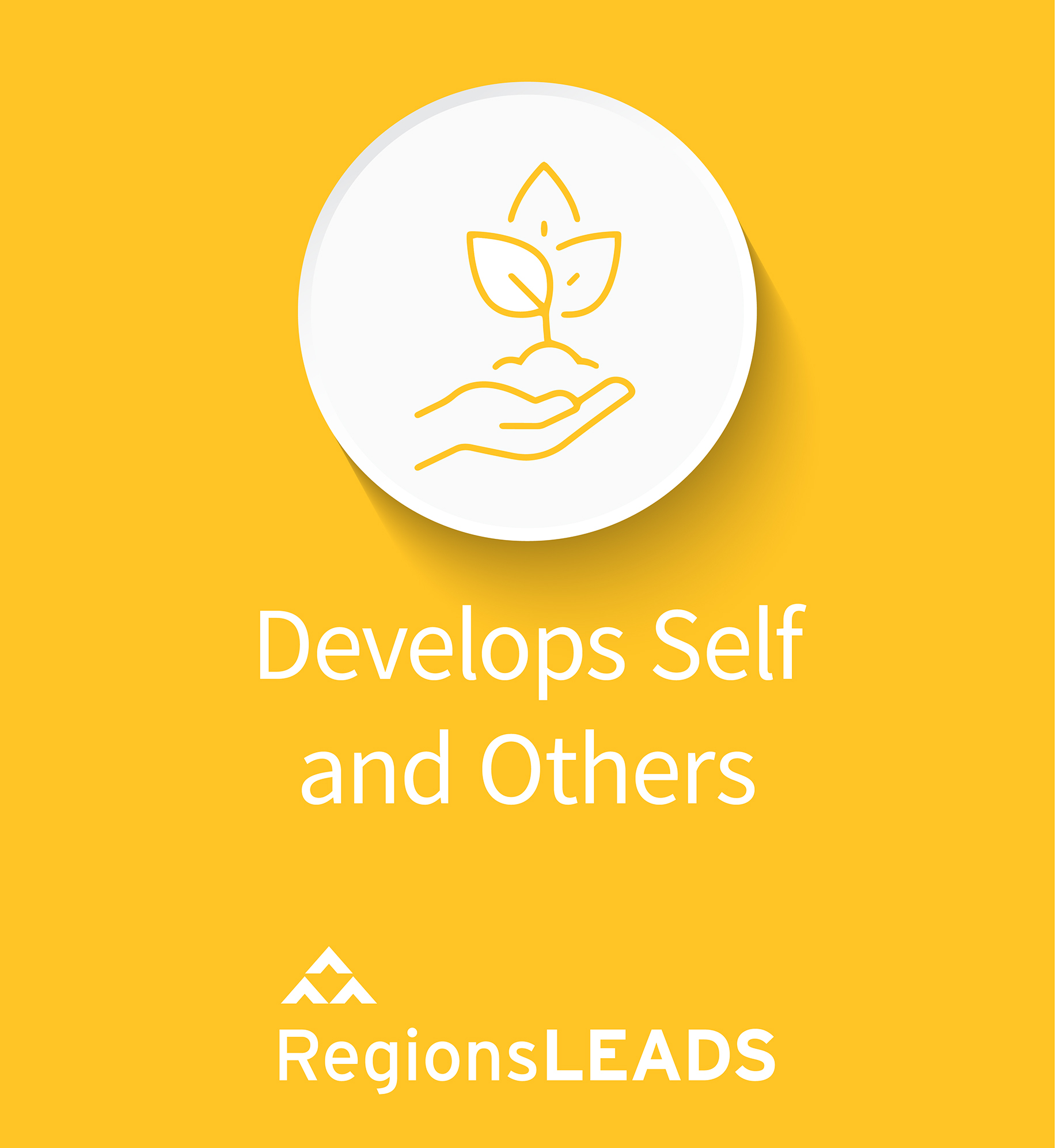 Illustration of hands holding plant in soil. Text: Develops self and others.