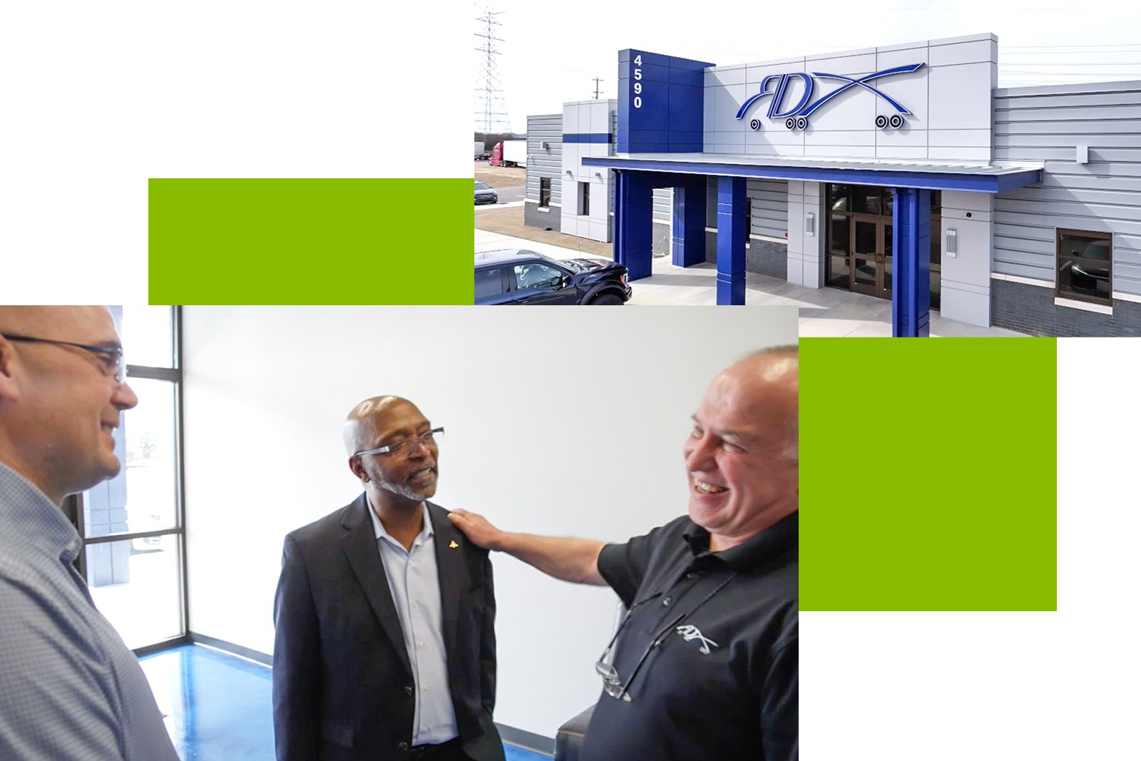 three men talking and smiling, and RDX building