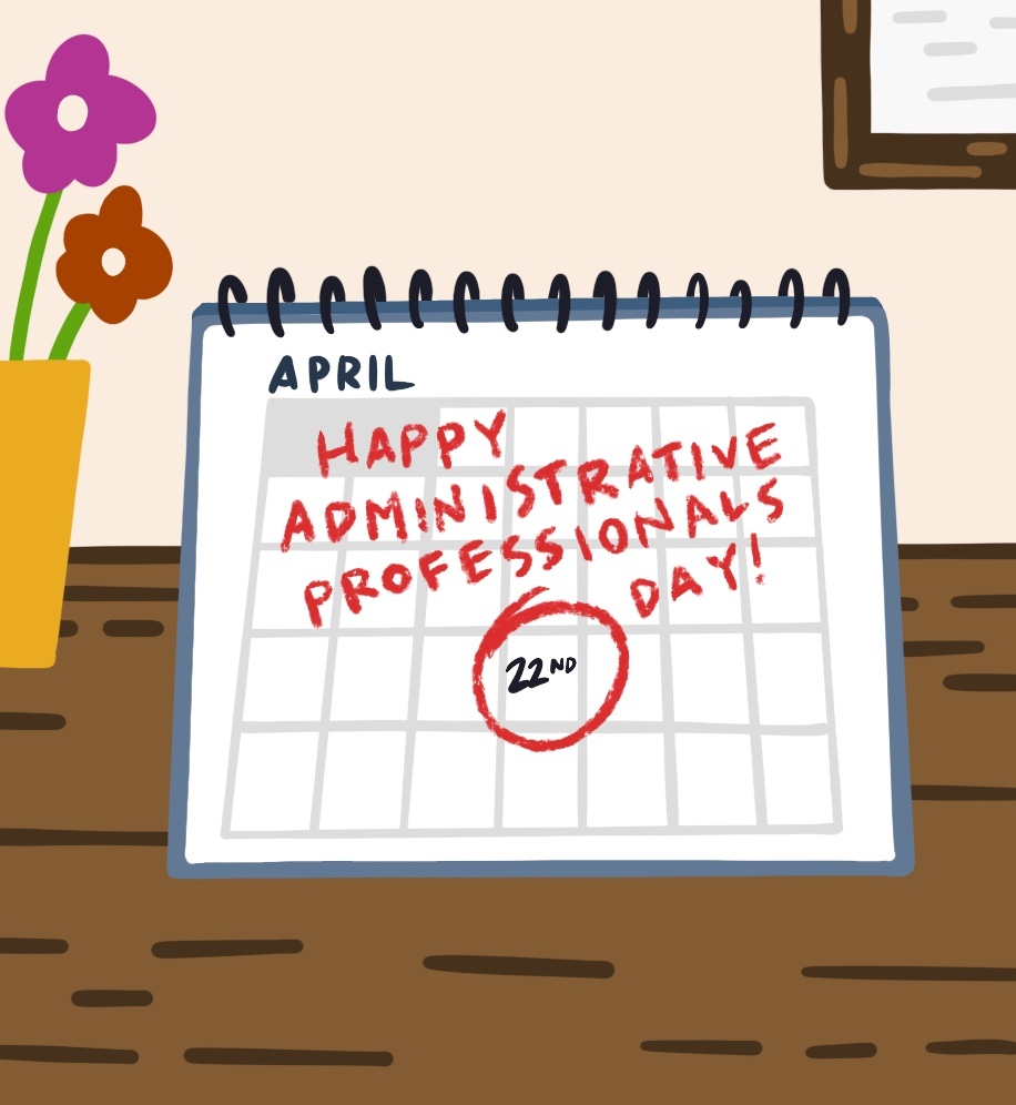 Illustration of desk calendar with date circled and hand written text that reads "Happy Administrative Professionals Day".