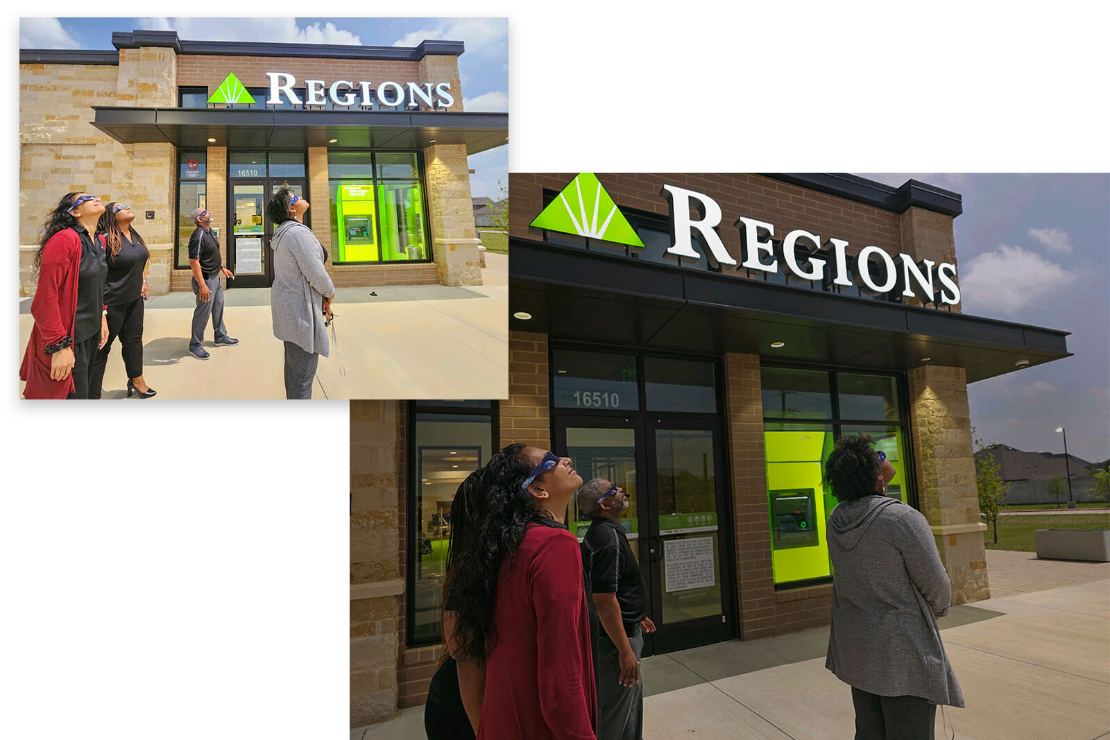 Photo of Regions associates looking up to the sky to watch the solar eclipse with the Regions building in the background.