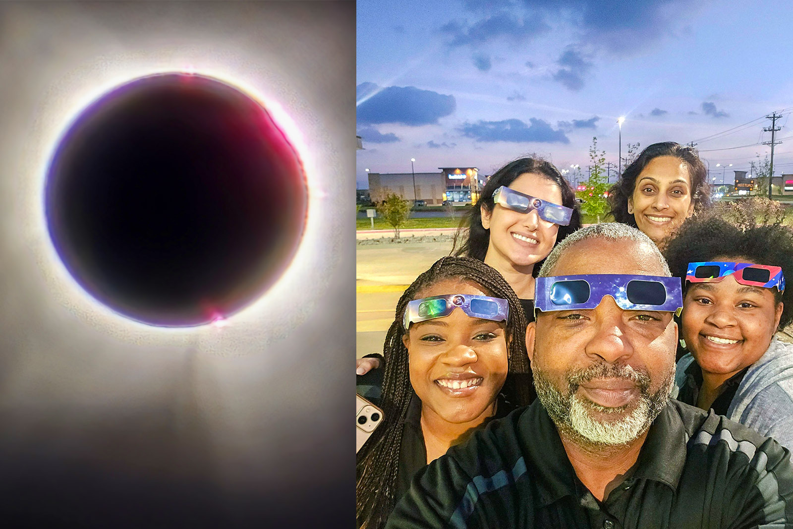 Photo of the solar eclipse at totality on the left...