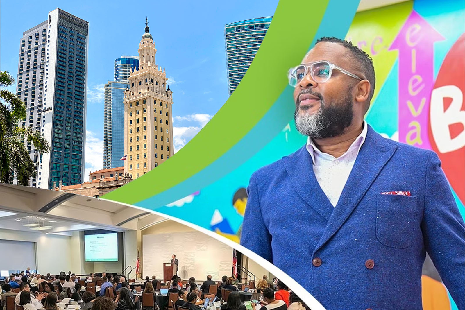 Photo collage of Julius Anthony, ICCC crowd and Miami skyline.