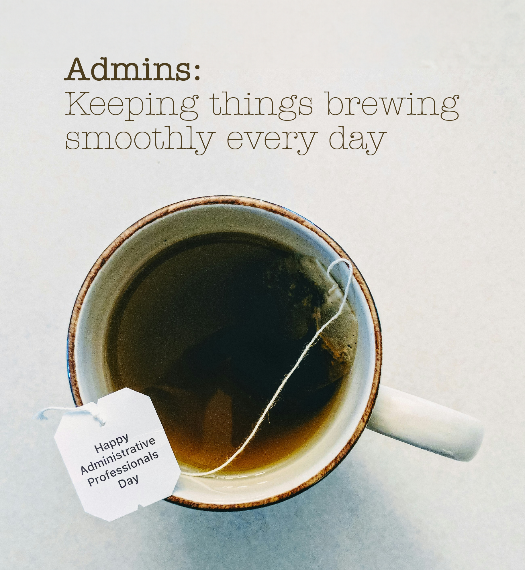 Mug with tea bag tag that reads "Happy Administrative Professionals Day". Additional text: Admins, keeping things brewing smoothly every day.