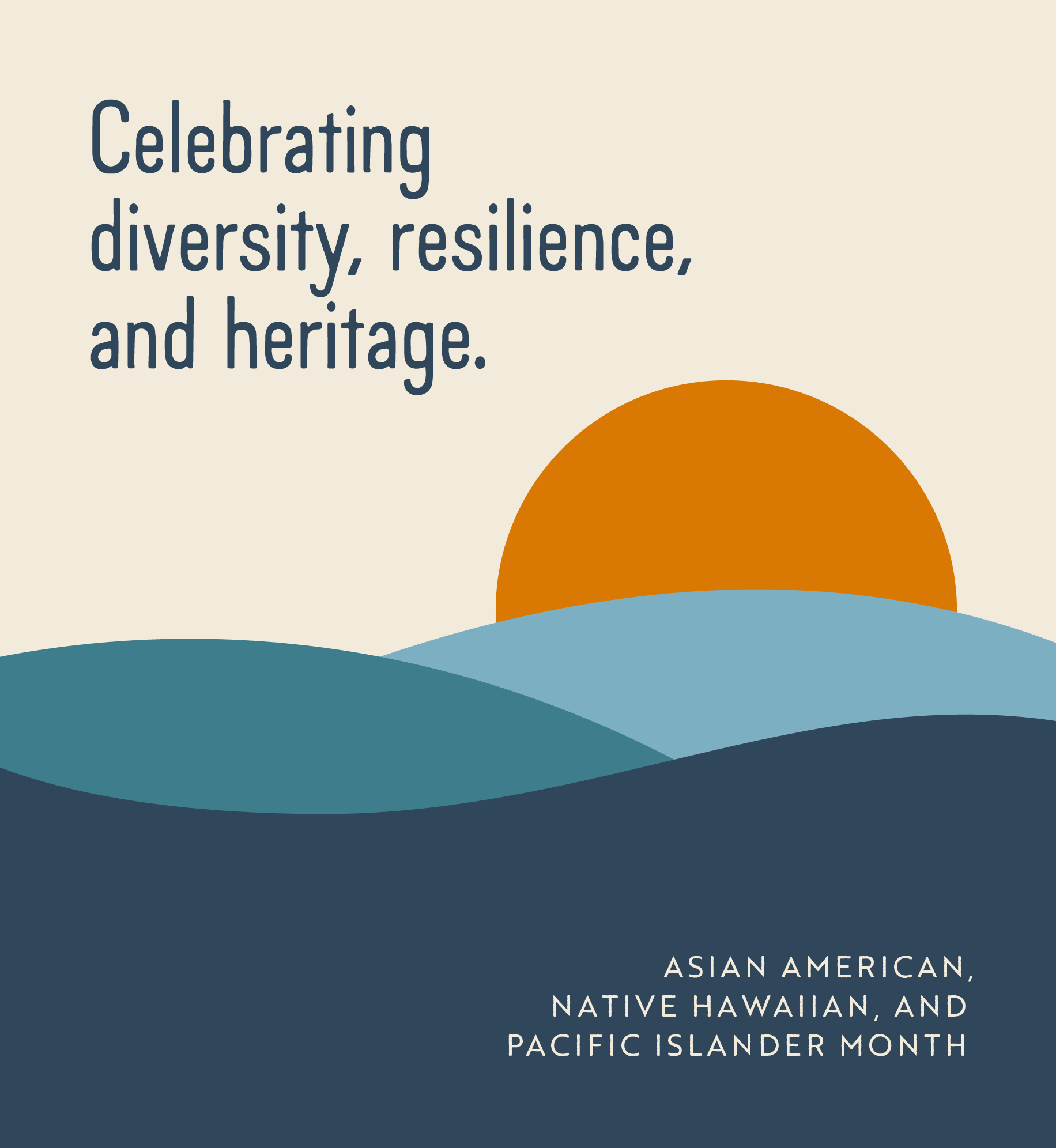 Illustration of sunset over waves. Text: Celebrating diversity, resilience, and heritage. Asian American, Native Hawaiian, and Pacific Islander Month