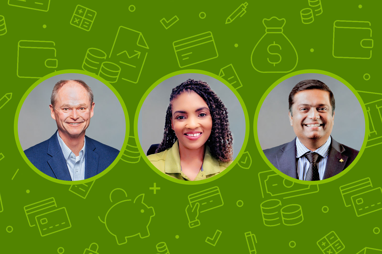 three Regions associates surrounded by financial icons and symbols