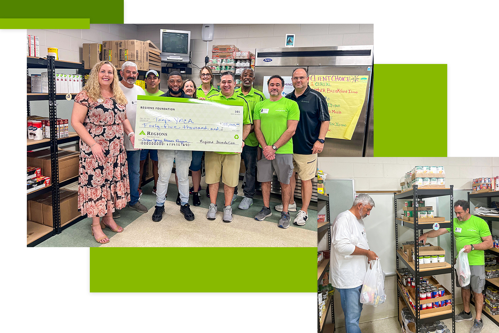 Collage featuring a check presentation group photo and an image...