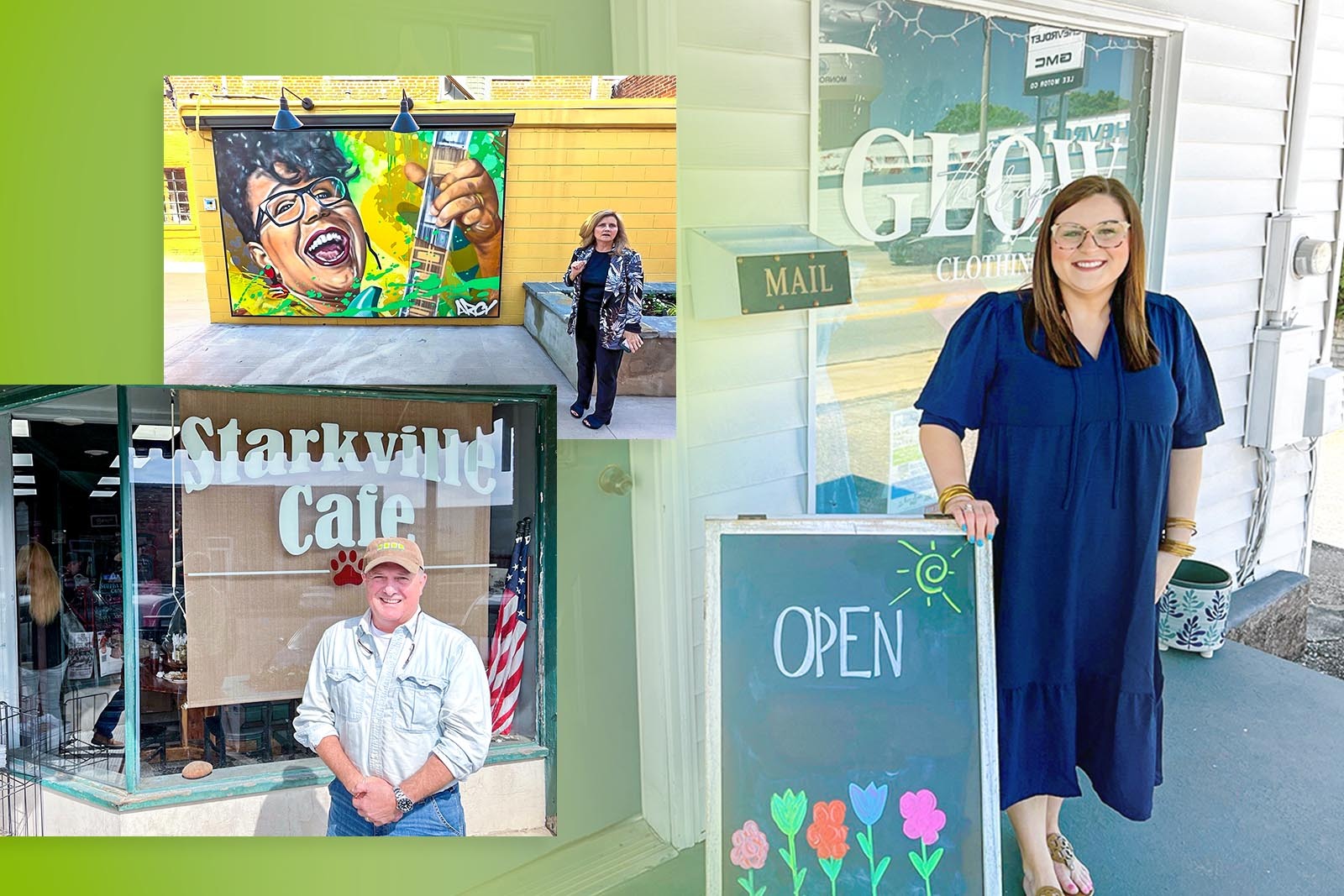 collage of photos from previous main street articles: Woman with...