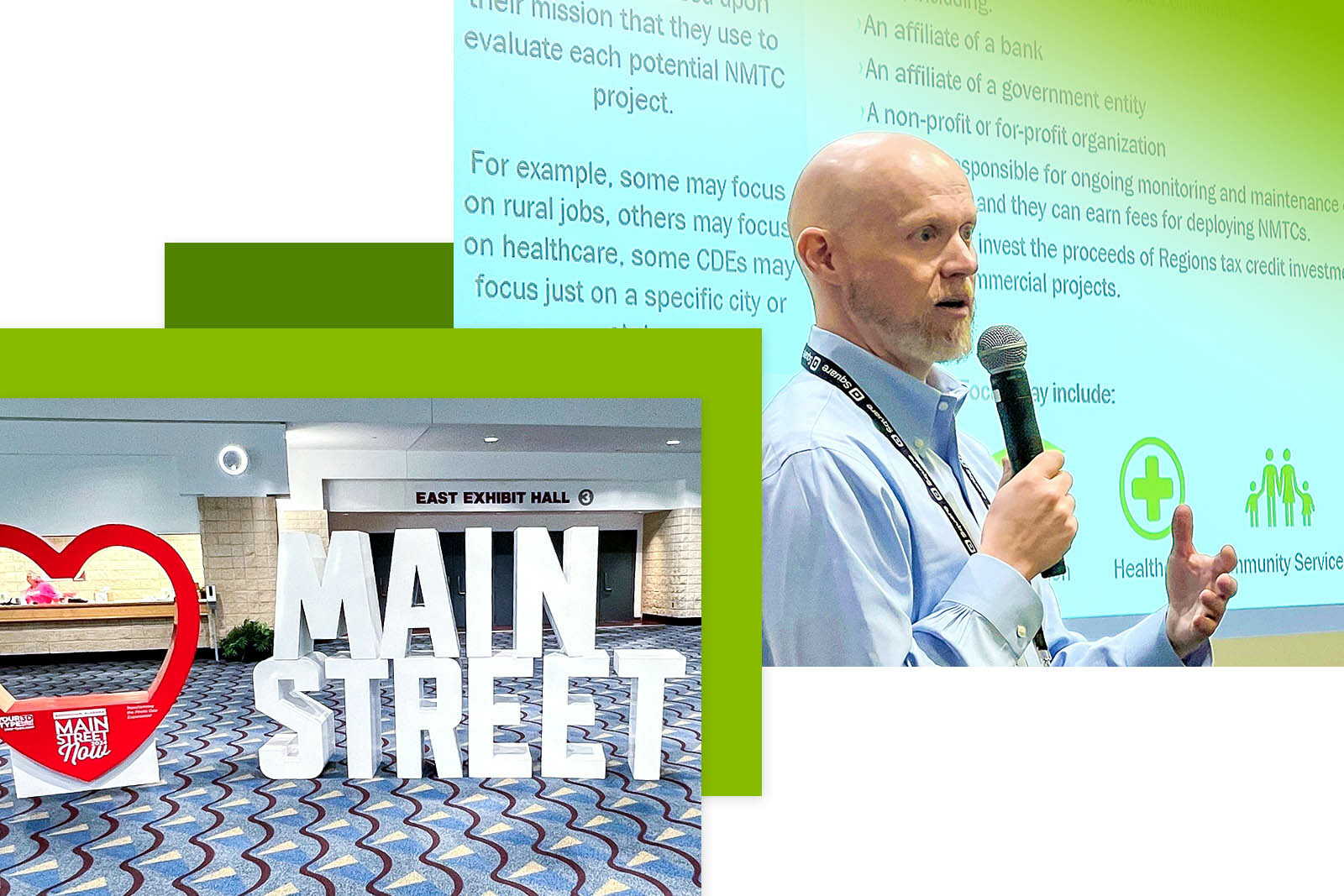 Steve Ross speaking to the audience and Main Street Welcome...