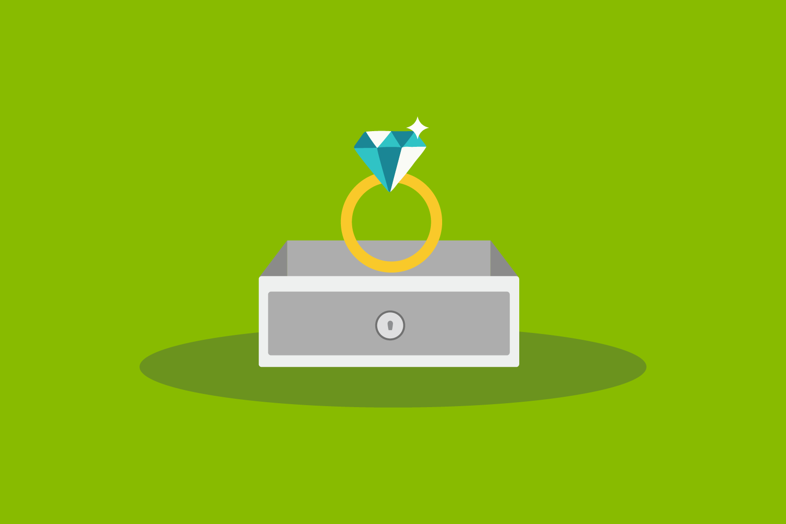 Graphic illustration of a diamond ring above a safe deposit...