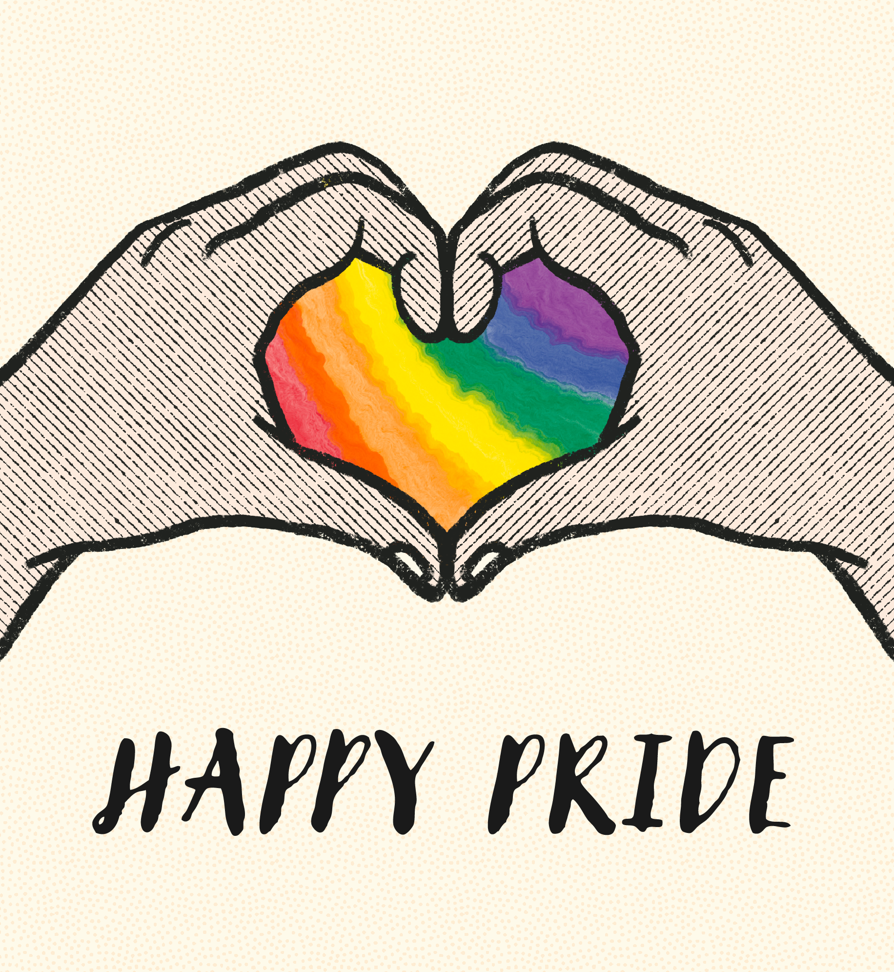 Illustration of hand heart with rainbow colors in the middle. Text: Happy Pride.
