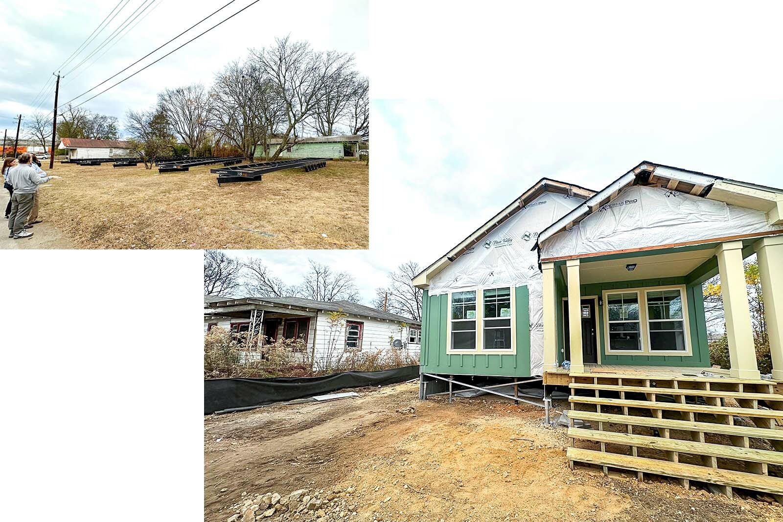 Photo of an empty lot before construction and photo of a home almost fully constructed on lot.