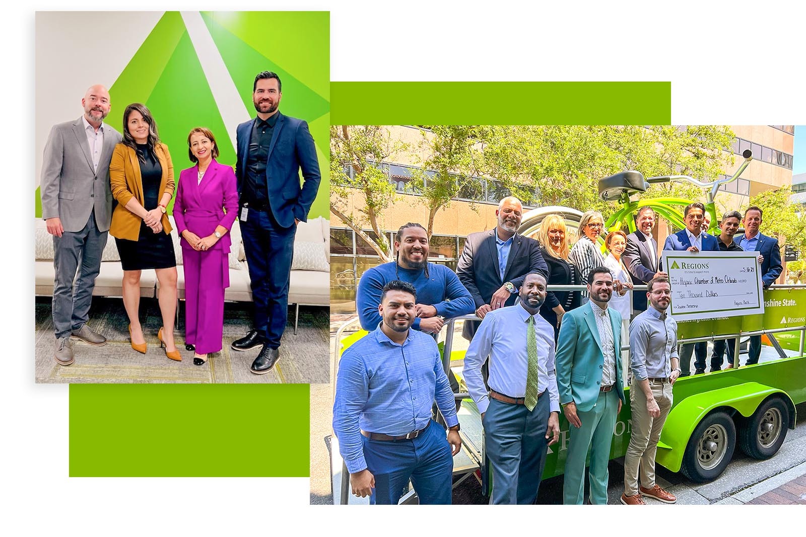 Collage: group of Regions associates in front of the wall and outside presenting the check from Regions Bank