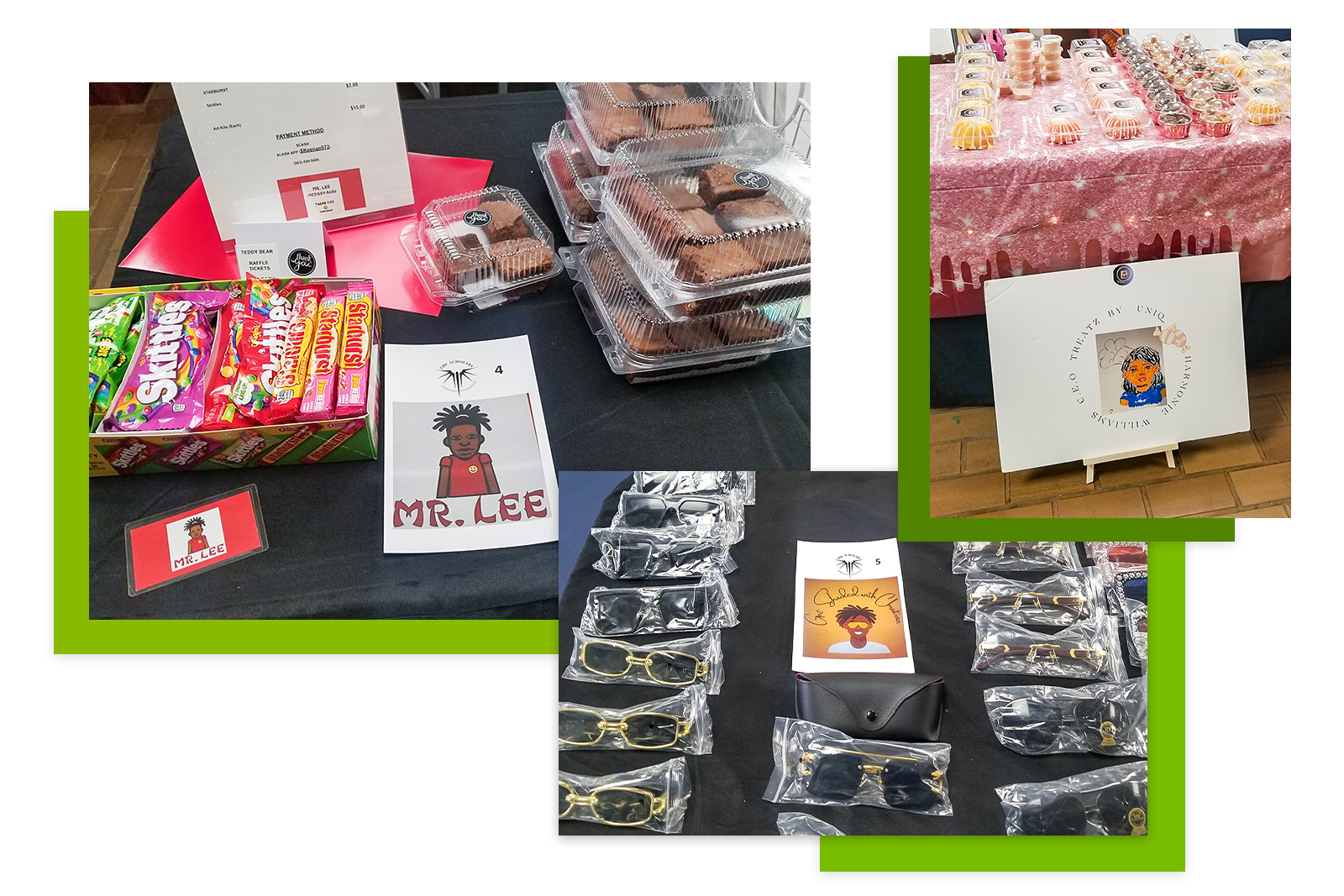 Photos of items for sale on top of table. Items include snacks and sunglasses.