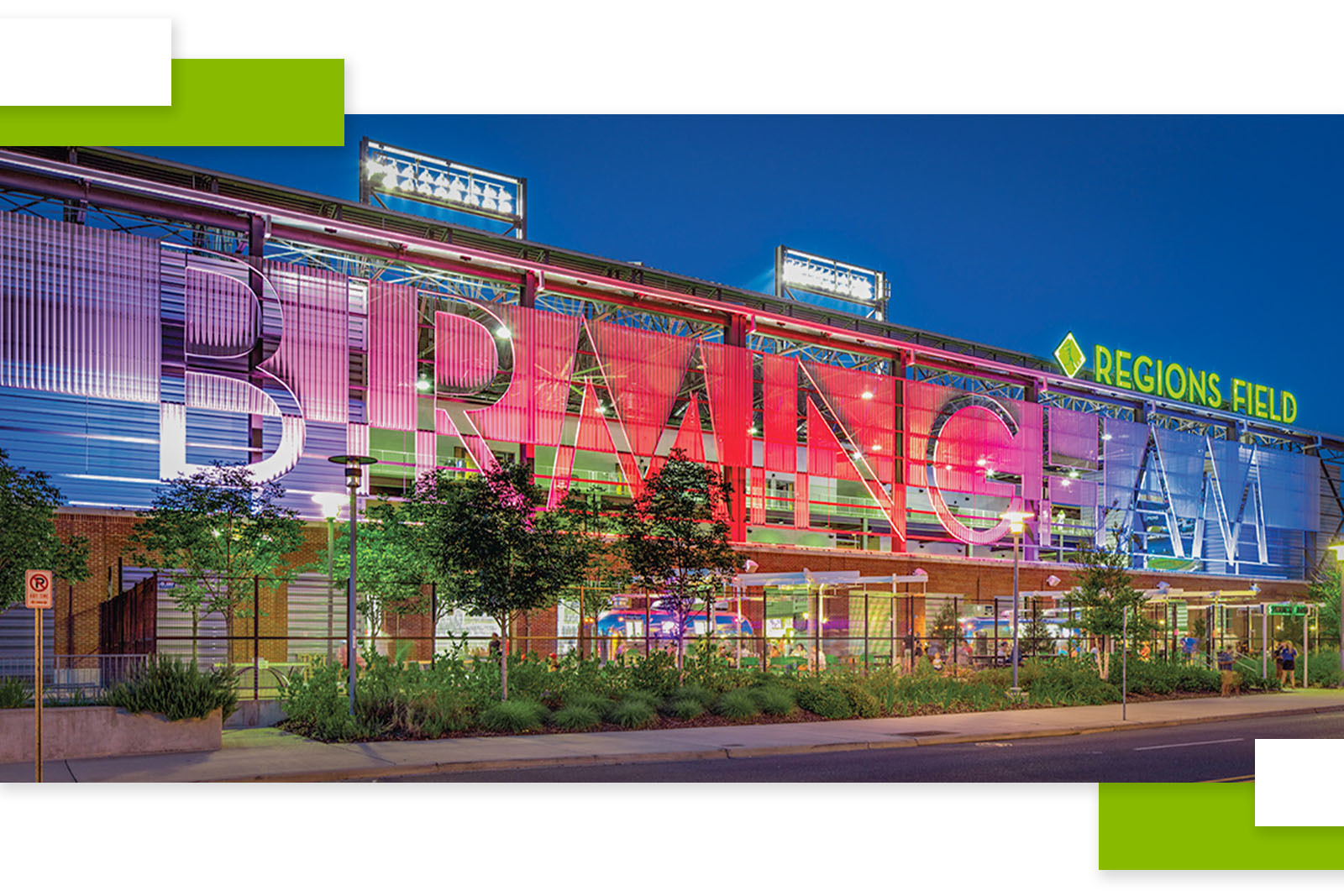 Regions Field at night with colorful lighting. Photo compesition shows...