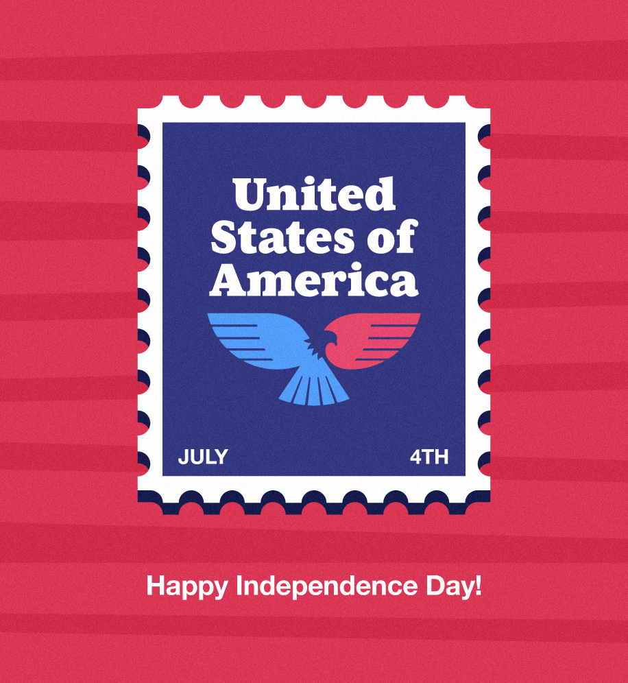 Illustration of a stamp with an eagle on it that reads "United States of America. July 4th."
