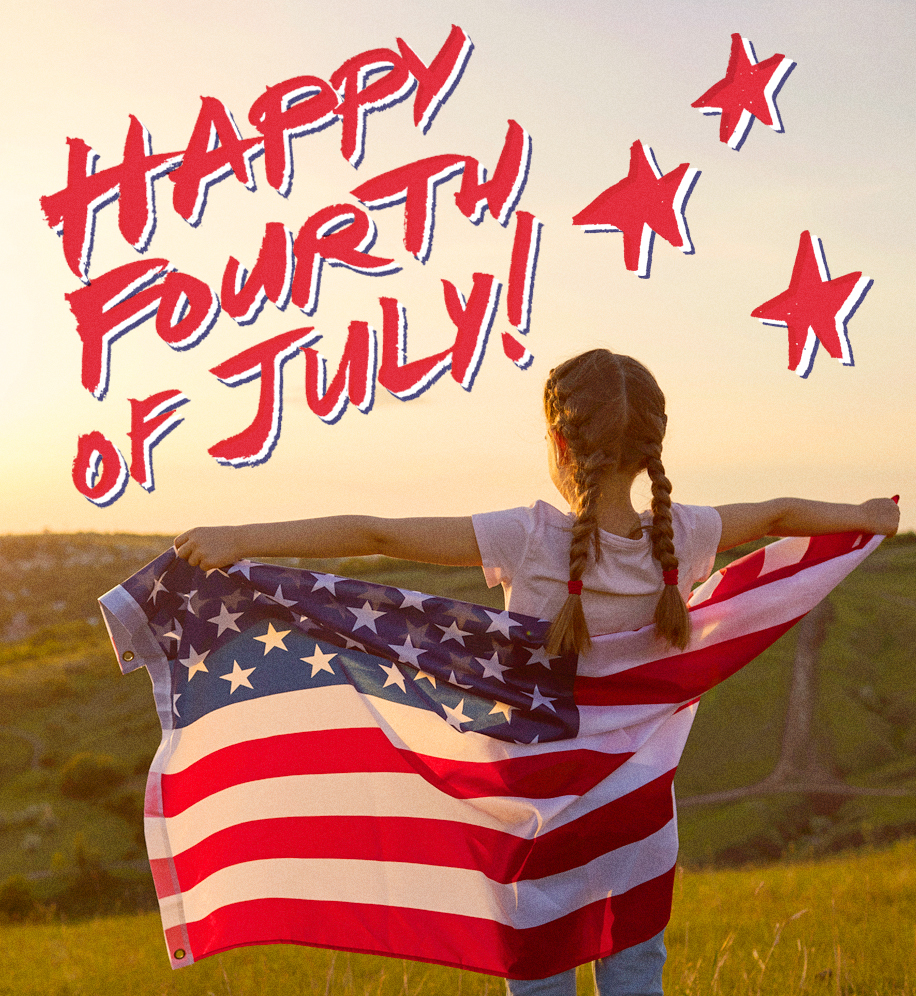 Child standing in front of an open field holding an American flag. Text: Happy Fourth of July.