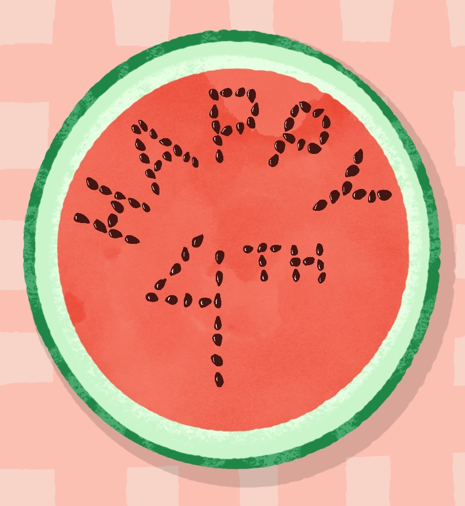 Illustration of a watermelon cut in half. The seeds form the words "Happy 4th".
