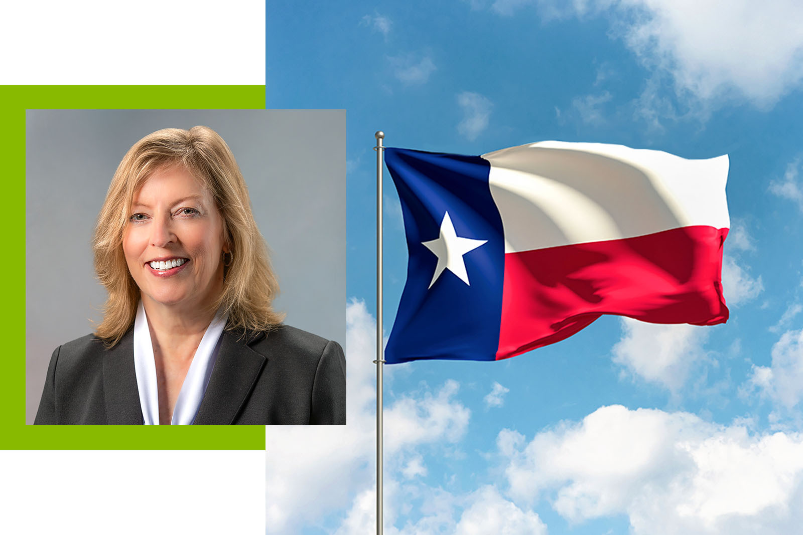 Connie Rogers with the Texas flag on a background