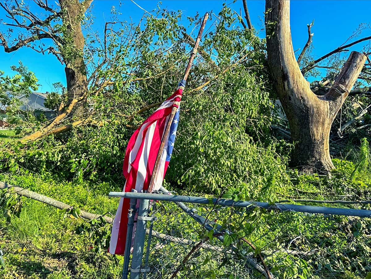 Some damaged trees and a flag after the Arkansas tornado