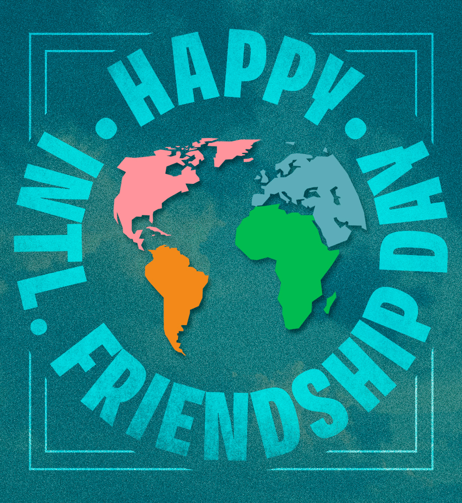 World map illustration. Text: Happy International Friendship Day.