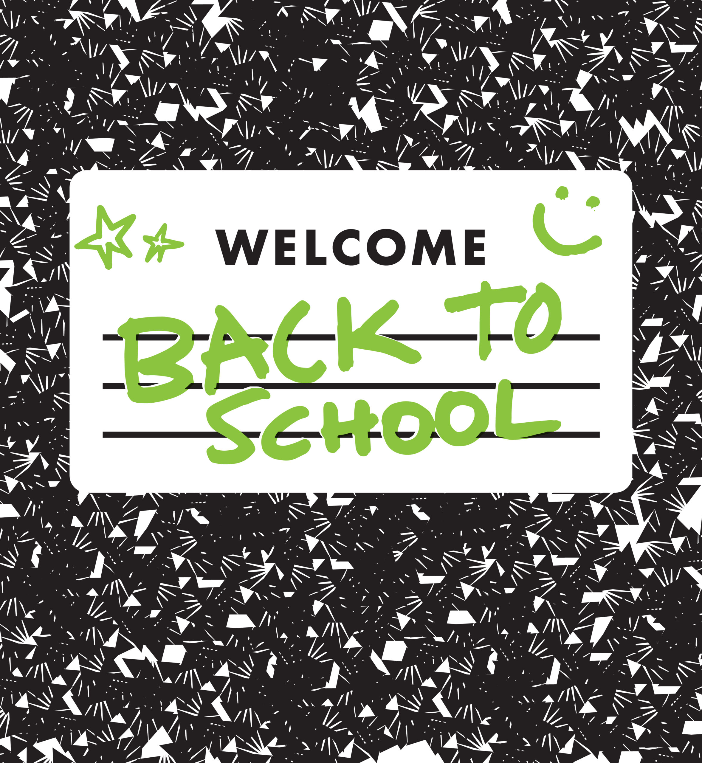 Composition notebook with "welcome back to school" written on the label.