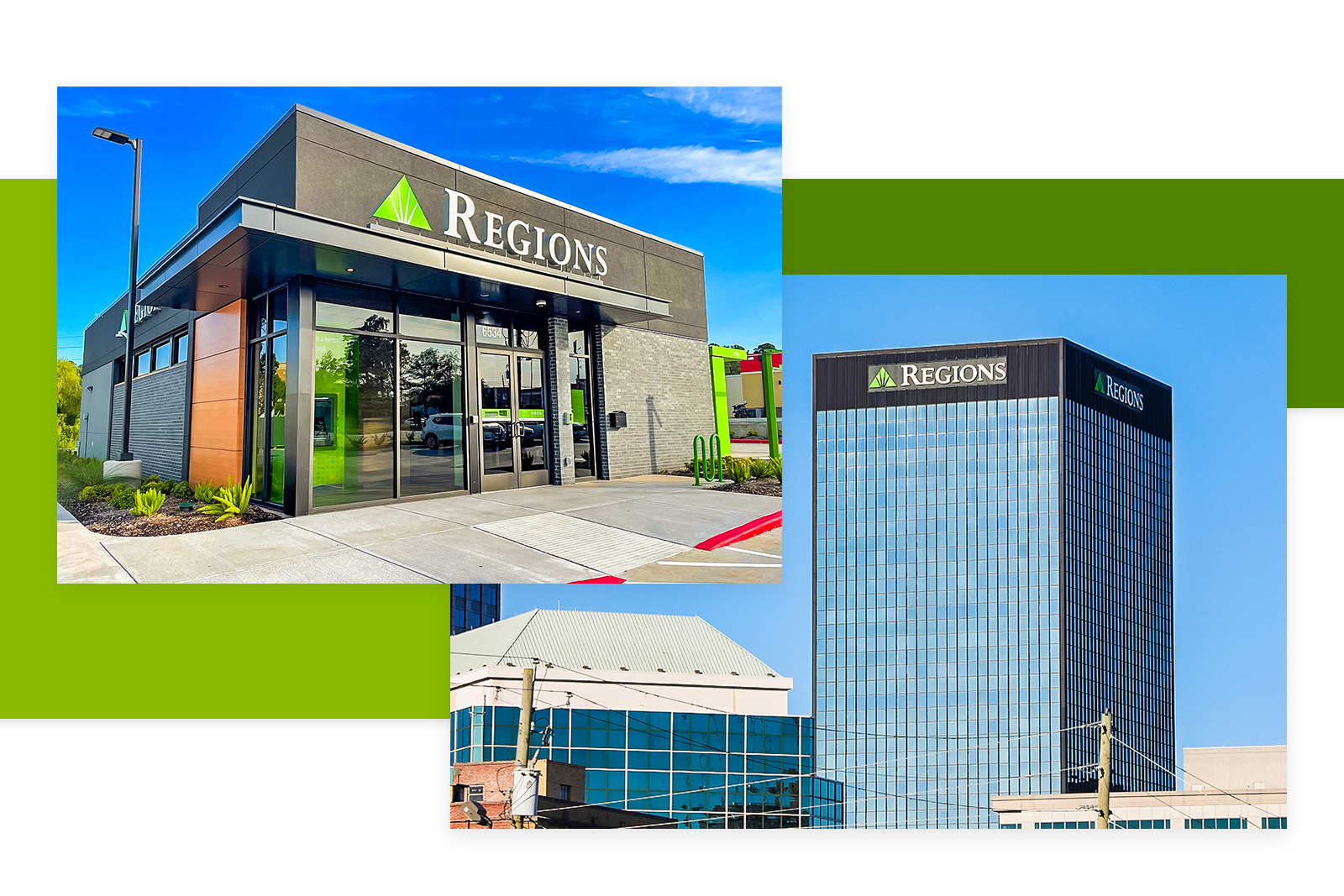 Exterior photos of Regions branch location and Regions HQ building.