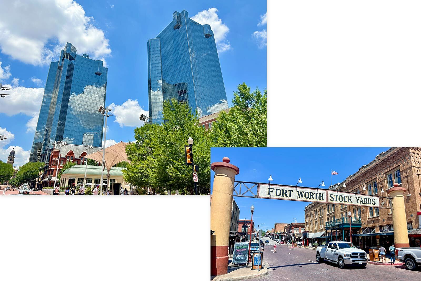 Downtown Dallas skyline and Forth Worth Stockyards.