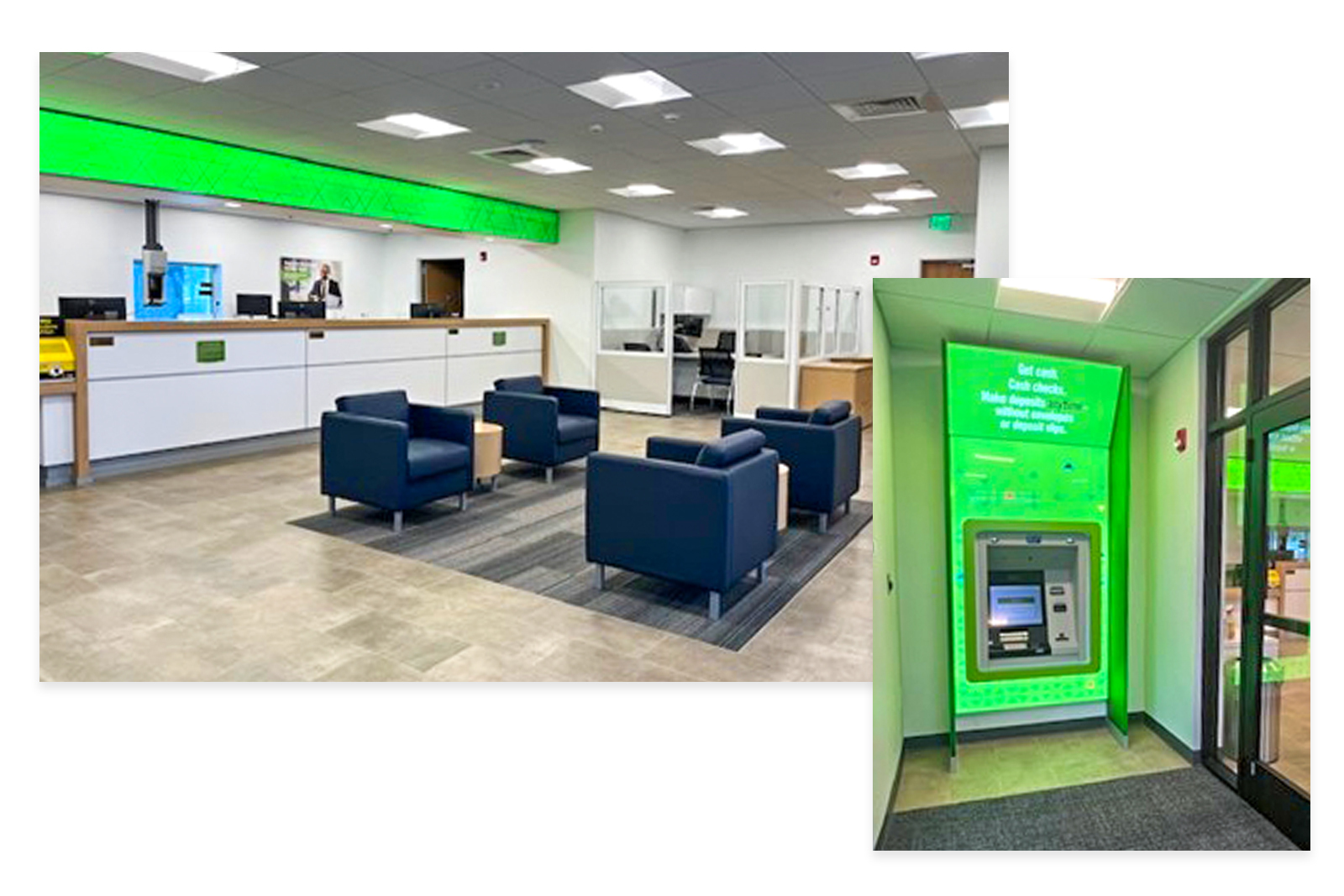 Interior lobby photo and ATM photo in entryway of new Regions Bank branch in Houma, Louisiana.