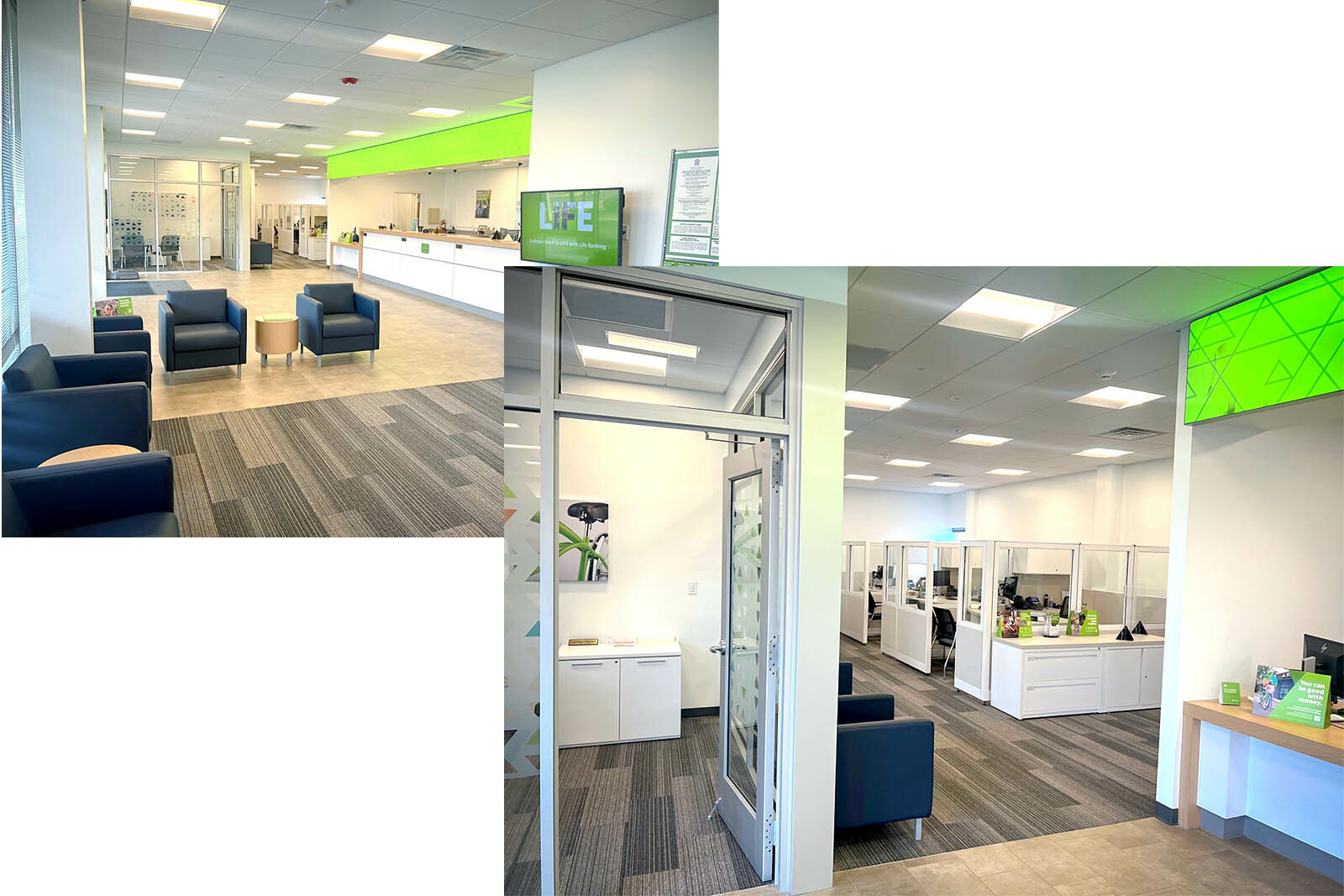 Interior photos of the Knoxville Magnolia branch. The first photo shows a lounge and reception area and the second shows a closed office and cubicles.